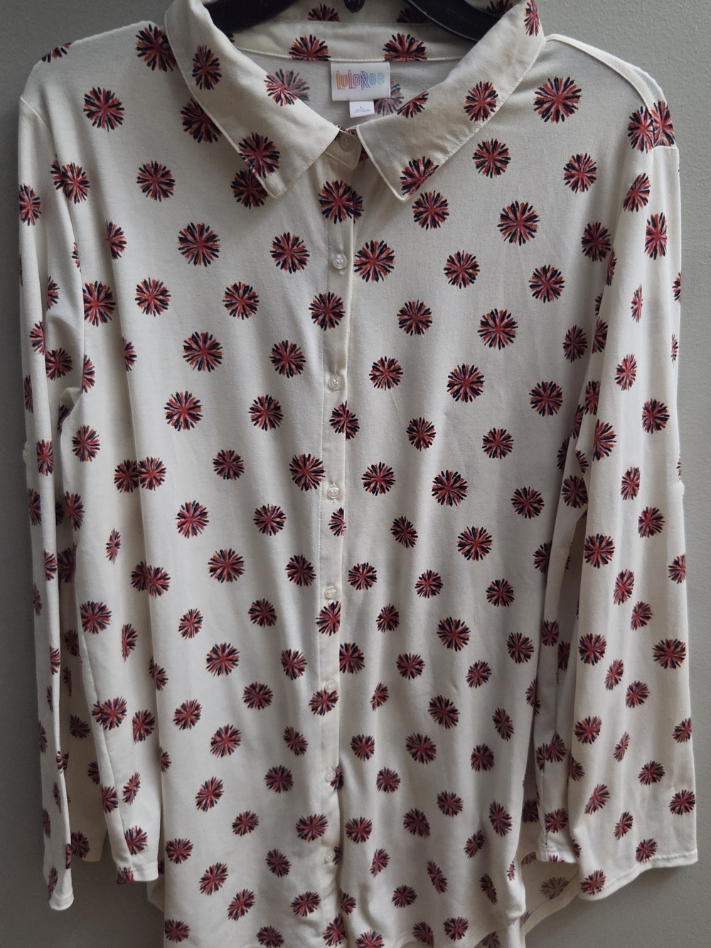LuLaRoe Large- Valentina Cream Fireworks Long Sleeve Soft Button Down